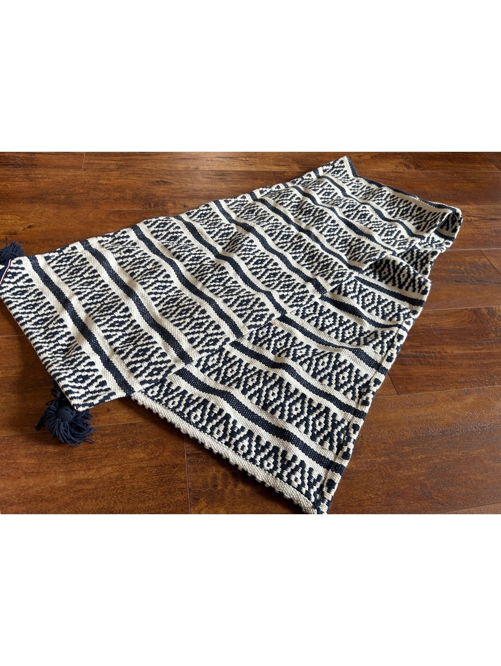 Handwoven Black and White Patterned Table Runner with Tassels